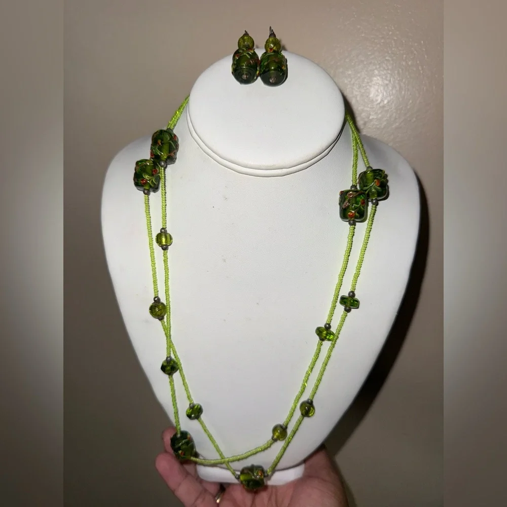 Vintage Glass Beaded Necklace and Pierced‎ Dangle Earring Set Green Brown Red